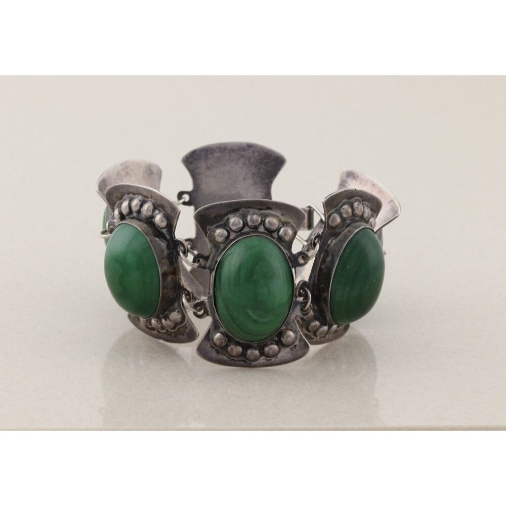 Sterling Silver Large Malachite Link Bracelet Vintage Mexico 6 3/4" inch - Picture 2 of 5